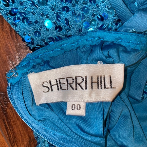 Turquoise Sequence Short Key Hole Dress- Sherri Hill - Picture 2 of 5